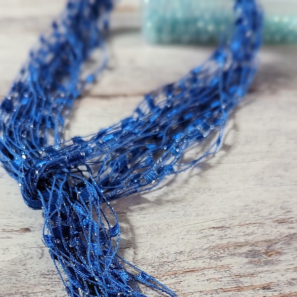 Stunning blue silver ladder yarn necklace,sasy necklace,shimmering blue necklace scarf,blue silver necklace, a great holiday gift