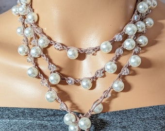 Boho Infinity Crochet Necklace with Pearls and Crystals.