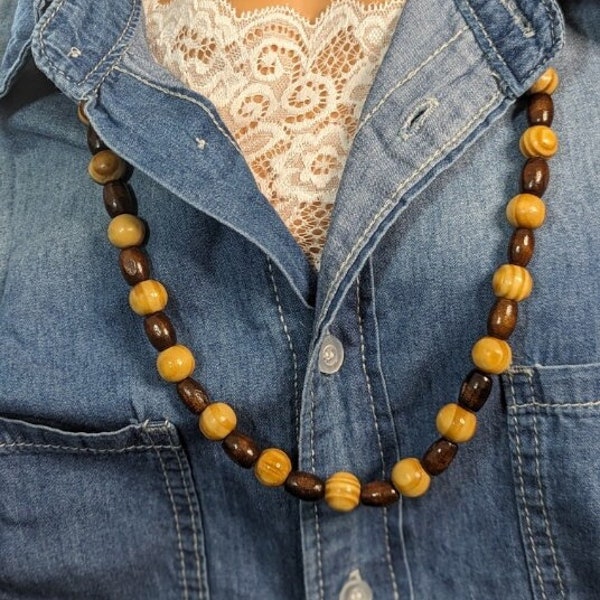 Boho-Chic Wooden Bead Crochet Necklace - Handmade Tie-On Statement Accessory,Mother's day gift