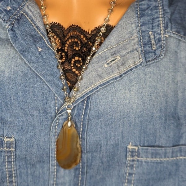 Elegant Agate Pendant Necklace with Crystal Glass Beads, Handcrafted Gemstone Jewelry for Women