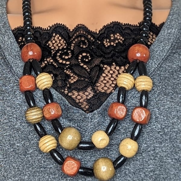 Handcrafted Boho Chic Wooden Beaded Necklace | Ethnic Tribal Statement Jewelry