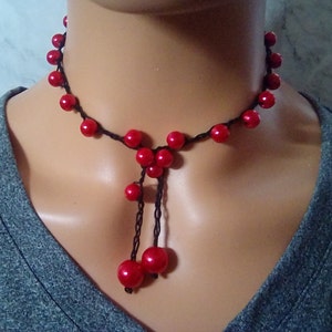 Handmade Crochet Choker: Red Faux Pearl Boho Necklace
