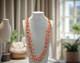 Handmade Orange Beaded Crochet Necklace: Metal-Free Boho Jewelry