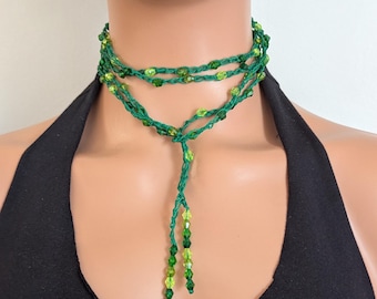 Handmade Green Beaded Wrap Choker: Boho Crochet Necklace