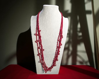 Red Seed Bead Crochet Necklace: Metal-Free Bohemian Jewelry
