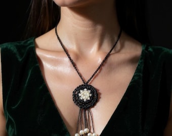 Crochet Pearl Pendant Necklace – Boho Statement Jewelry with Dainty Crochet Chain, gift for her