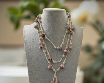 Long Boho Crochet Necklace: Handmade Beaded Bling Jewelry