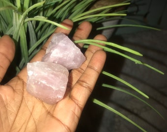 May include: Two pink rose quartz crystals, one slightly larger than the other, are held in a hand. The crystals are rough and have a natural, unpolished look.