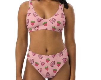 Sustainable Strawberry Milk Cow Pink High Waisted Bikini Set