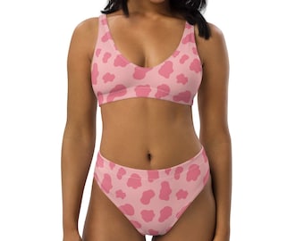 Sustainable Strawbery Pink Cow Print High Waisted Bikini Set