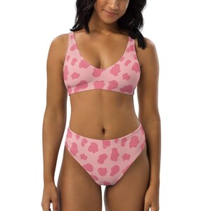Sustainable Strawbery Pink Cow Print High Waisted Bikini Set