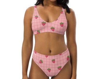 Sustainable Pink Grid Strawberry High Waisted Bikini Set