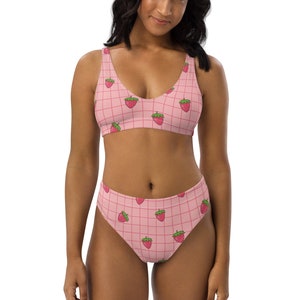 Sustainable Pink Grid Strawberry High Waisted Bikini Set