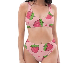 Sustainable Big Strawberries Pink High Waisted bikini Fruitset