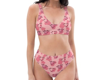 Sustainable Pink Cow Strawberry High Waisted Bikini Set