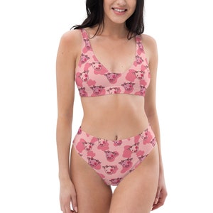 Sustainable Pink Cow Strawberry High Waisted Bikini Set