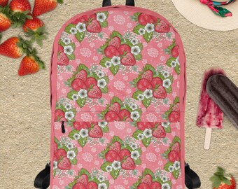 Strawberry Pink Backpack, POLYESTER Webbing, Stylish Backpack, College Backpack, Unique Strawberry Print Pink Floral Bag, Gift for Her