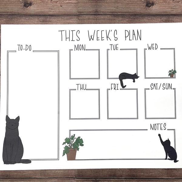 Weekly Planner Tear Off Pad, Cats and plants, 50 Undated Sheets, Desk Accessory Notepad, Weekly Planner, Meal Planner, To-Do List