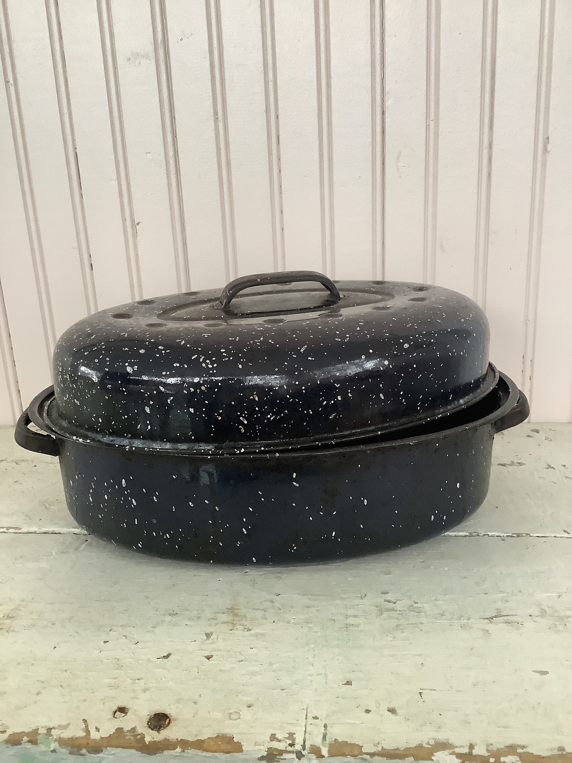 Dark Blue Speckled Oval Shape Enamelware Roasting Pan With Etsy