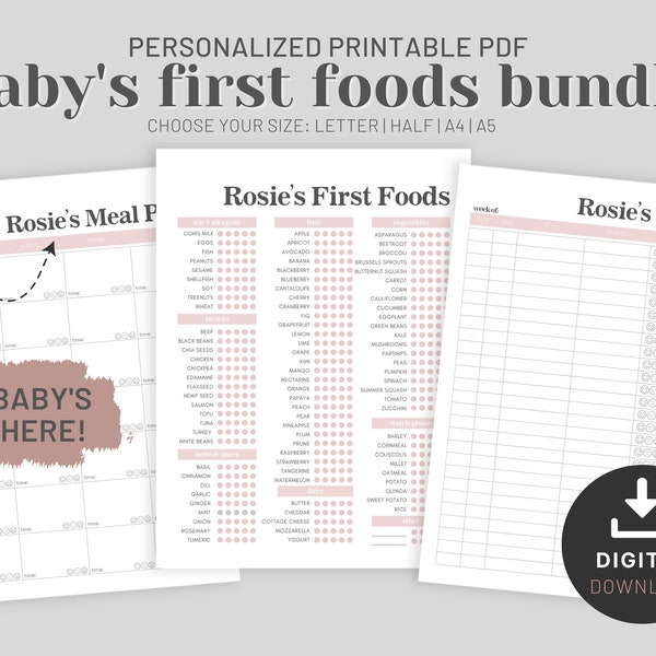 Personalized Baby's First Foods Checklist, Baby Led Weaning Food Tracker Log, Food Exposure Tracker, Food Diary, Printable PDF, Letter A4 A5