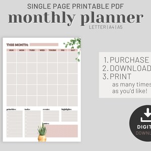 Printable Monthly Planner Month at a Glance Monthly Schedule Monthly Calendar Undated Monthly To do list Letter A4 A5 Printable PDF