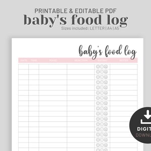 Babyvoeding Allergielogboek, Voedseldagboek, Voedselblootstelling Tracker, Solid Food Chart, Baby Led Spenen Tracker, Afdrukbare bewerkbare PDF, Letter A4 A5