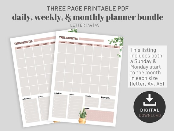 Printable Daily Weekly Monthly Planner Bundle Daily to Do List Weekly  Schedule Undated Monthly Planner Insert Letter A4 A5 PDF - Etsy