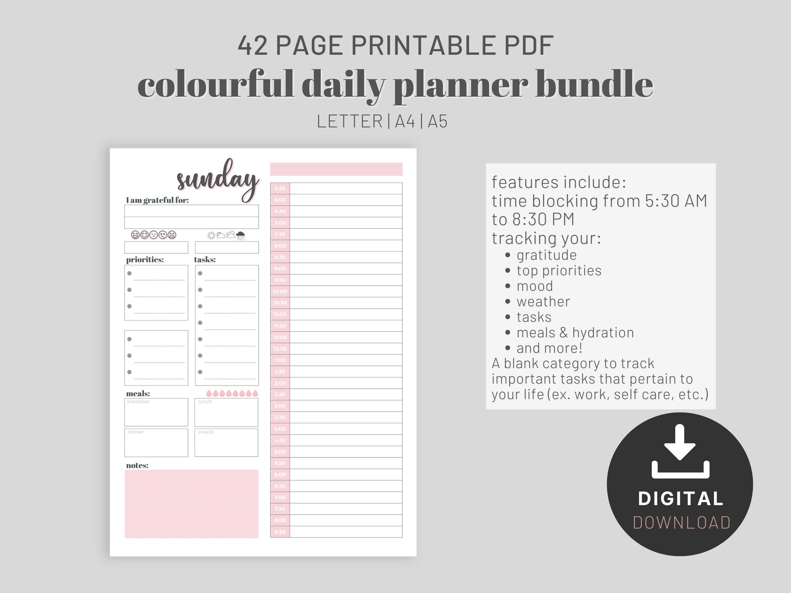 Daily Planner Bundle, Printable Time Block Schedule, Mood Tracker, to ...