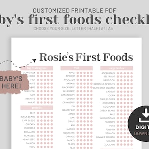 Baby&#39;s First Foods Checklist, Baby Led Weaning Food Tracker, Solid Food List, Food Exposure Tracker, Food Diary, Printable PDF, Letter A4 A5
