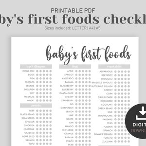 Baby's First Foods Checklist, Baby Led Weaning Food Tracker, Solid Food List, Food Exposure Tracker, Food Diary, Printable PDF, Letter A4 A5
