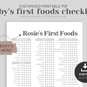 Baby&#39;s First Foods Checklist, Baby Led Weaning Food Tracker, Solid Food List, Food Exposure Tracker, Food Diary, Printable PDF, Letter A4 A5