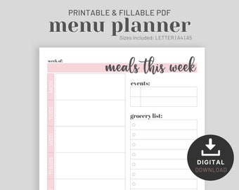 Fillable Menu Planner, Weekly Meal Plan, Meal Planner, Grocery List, Fitness, Letter A4 A5 Printable PDF