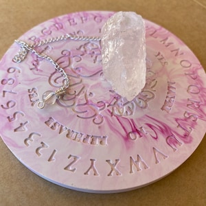 Bundle - Natural Rough Crystal Pendulum & Pendulum Board, Clear Quartz, Rose Quartz, Crystal Pendulum, Divination, Spiritual, Dowsing Tool