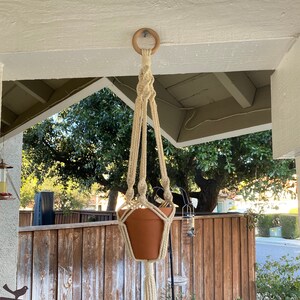 May include: A macrame plant hanger with a wooden ring at the top and a terracotta pot hanging from it. The hanger is made of natural colored rope and has long tassels.