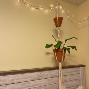 May include: A white macrame plant hanger with two terracotta pots, one with a green plant and the other empty, hanging from the ceiling against a yellow wall with white string lights.
