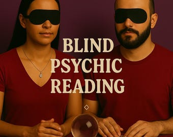 Puede incluir: Dos personas con antifaces y camisetas rojas están sentadas en una mesa. Una bola de cristal y una baraja de cartas están sobre la mesa. Las palabras "BLIND PSYCHIC READING" se muestran en texto blanco.