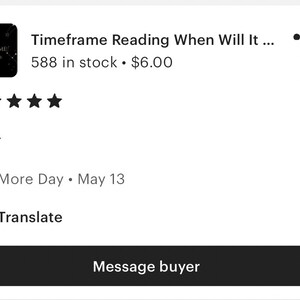 Puede incluir: Una miniatura digital cuadrada negra con l&iacute;neas de constelaciones blancas y el texto Time Frame Reading. Debajo de la miniatura, el texto dice Timeframe Reading When Will It, 588 en stock, 6.00 d&oacute;lares, cinco estrellas, One More Day, May 13, Translate y Message buyer.