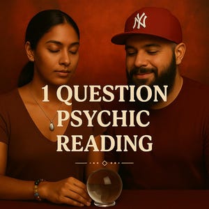 May include: The image displays the text "1 QUESTION PSYCHIC READING". A crystal ball is positioned on a table, with two individuals visible in the background. The backdrop has a warm, reddish-brown hue.