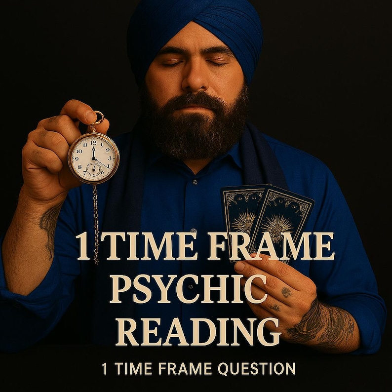 Puede incluir: Una persona con camisa azul y turbante sostiene un reloj de bolsillo dorado en una mano y dos cartas de tarot oscuras en la otra. El texto 1 TIME FRAME PSYCHIC READING 1 TIME FRAME QUESTION aparece en blanco sobre un fondo oscuro.