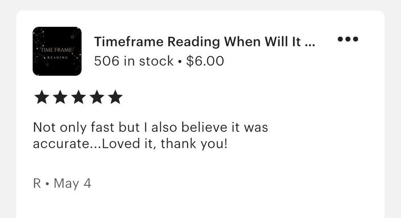 Puede incluir: Una interfaz de rese&ntilde;a de cliente digital con un icono cuadrado negro con texto blanco que dice Time Frame Reading, cinco estrellas negras y el texto: Not only fast but I also believe it was accurate...Loved it, thank you! La rese&ntilde;a es del 4 de mayo.