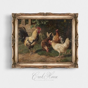 May include: A framed oil painting depicting a rooster and four hens in a farmyard setting. The rooster is white and grey with a red comb and wattles. The hens are brown, white, and black. The painting is set in a gold frame.