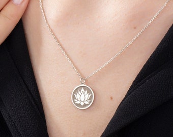 Silver Lotus Medallion Necklaces, 14K Gold Lotus Flower Pendants, Floral Necklace For Women, Birthday Gifts For Mom, Best Mother's Day Gift