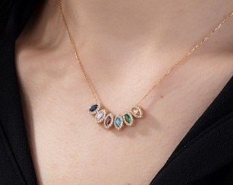 14K Solid Gold Marquise Birthstone Necklace, Mothers Family Birthstone Necklace, Personalized Gift, Meaningful Gifts, Best Gift For Mothers