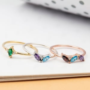 Solid Gold Unique Birthstone Rings, 14K Marquise Birthstone Bands, Best Gifts For Her, Family Gemstone Ring For Mom, Best Mother's Day Gift