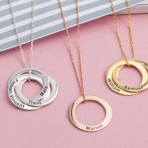 14K Gold Multi Circle Name Necklace, Silver Family Name Engraved Pendant, Custom Made Jewelry, Moms Personalize Gift, Best Mother's Day Gift image 1