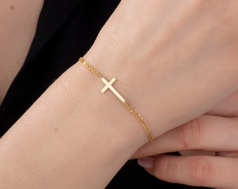18K Dainty Cross Bracelet, 14K Solid Gold Crucifix Bracelet, Religious Gift For Grandmother, Meaningful Gift For Mom, Best Mother's Day Gift