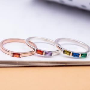 Initial Baguette Birthstone Rings, Mothers Birthstone Family Rings, Personalized Jewelry, Birthday Gift For Grandmas, Best Gift For Mothers