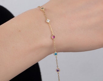 14K Solid Gold Birthstone Bracelet, Personalized Family Jewelry