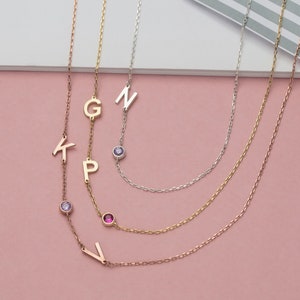 Silver Sideways Letter Birthstone Necklace, Personalized Gifts, Moms Gift, 14K Gold Initial Birthstone Side Necklace, Best Gift For Mothers