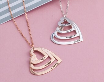 14K Gold Heart Name Necklaces, Family Name Engraved Necklace, Custom Made Silver Name Pendants, Special Gift For Mom, Best Mother's Day Gift